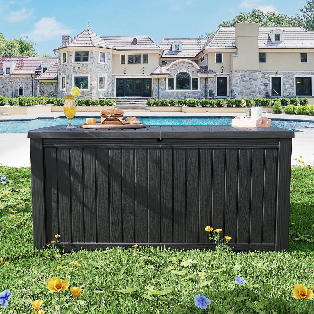 Outdoor Storage Box Waterproof, 200 Gallon Lockable Resin Large Deck Box, Pat...