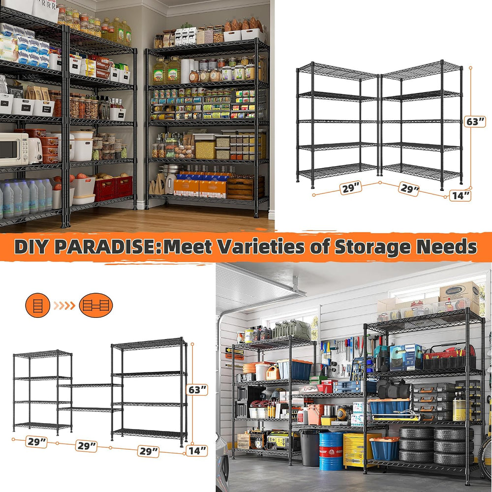 REIBII 63" H 5-Tier Heavy Duty Storage Shelves, 1020 lbs, 2-in-1 Adjustable