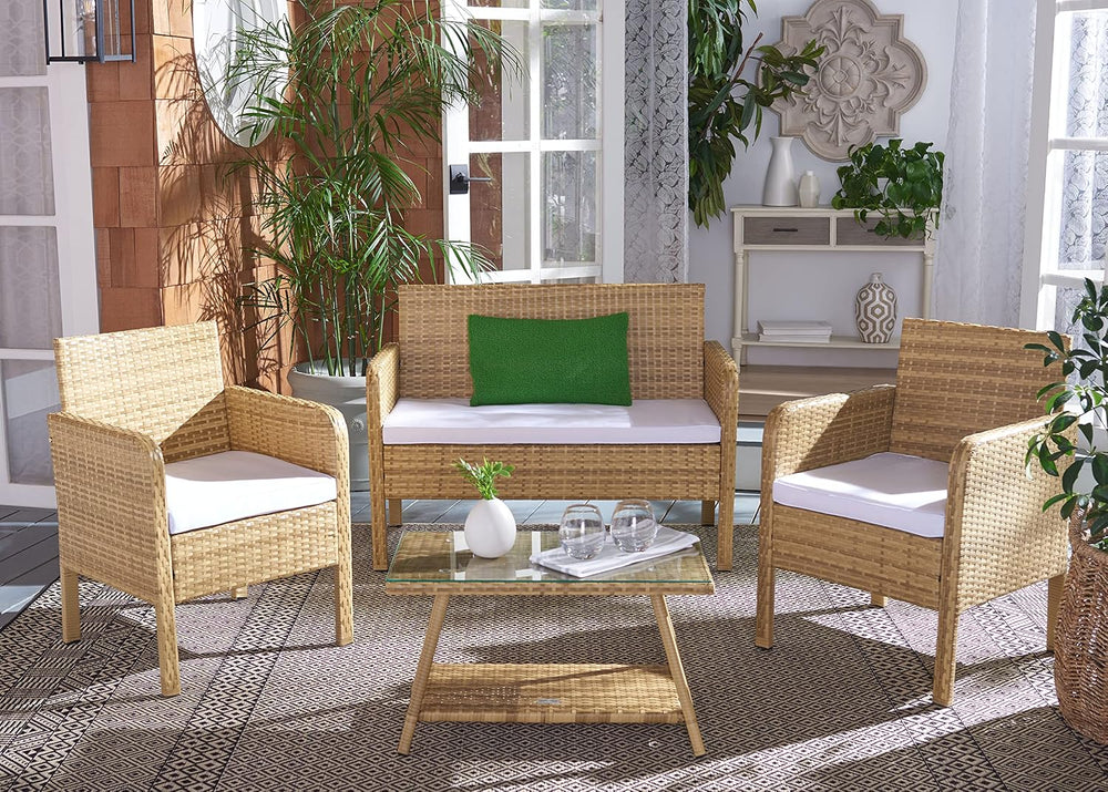 SAFAVIEH Outdoor Collection Aboka Natural/White Cushion 4-Piece Conversation ...