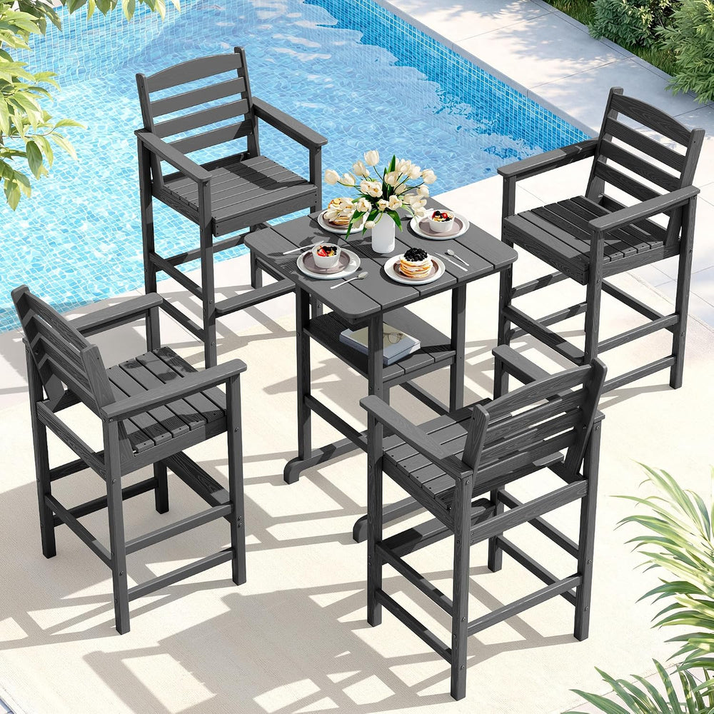 SERWALL 5 Pcs HDPE Bar Height Chairs and Double Layer Pub Table Set, Gray