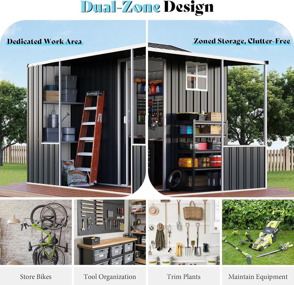 VanAcc 9x9x7 FT Metal Shed with Dual Storage Zone and Work Area