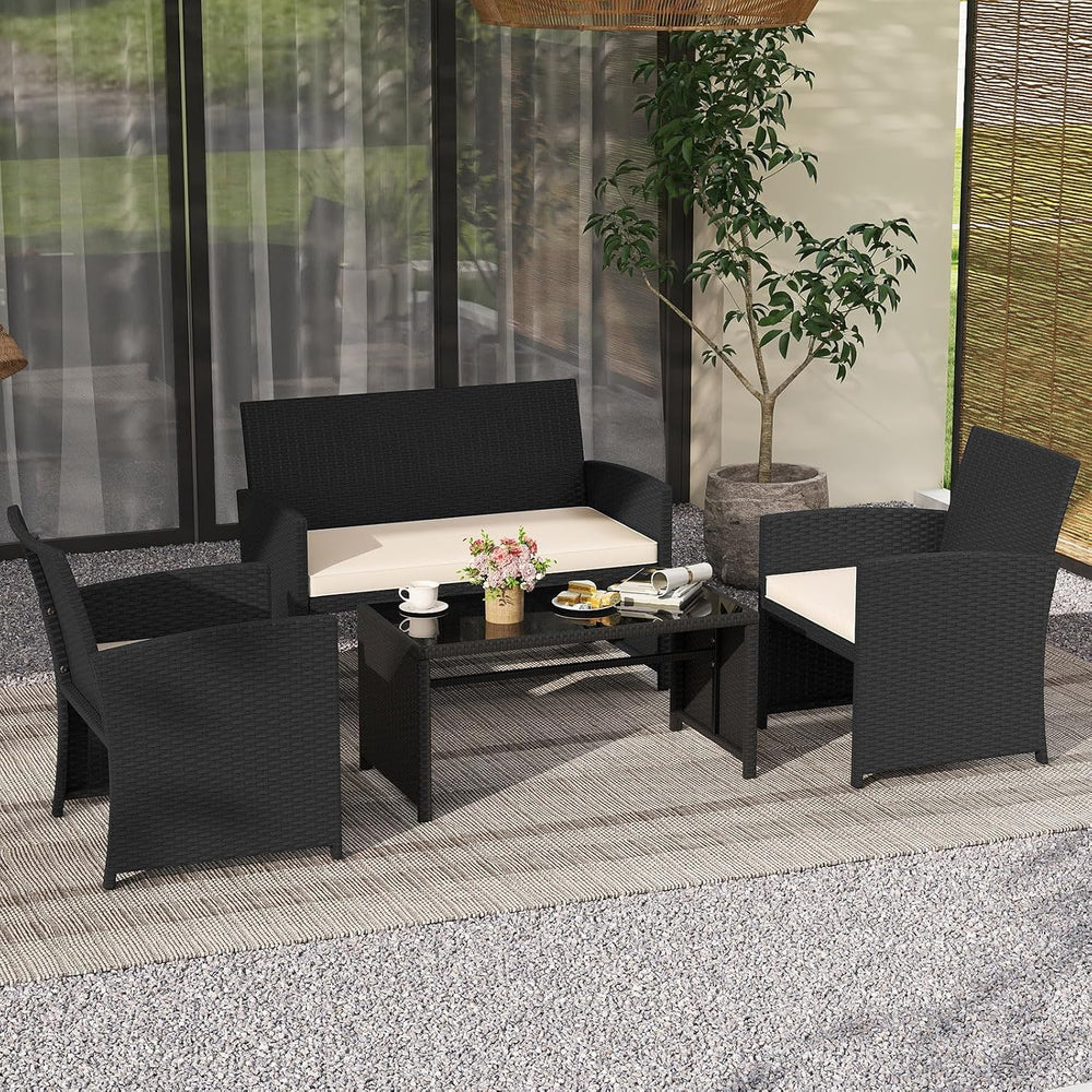 Tangkula 4 Pieces Patio Wicker Furniture Set, Outdoor Heavy Duty Rattan Cushi...