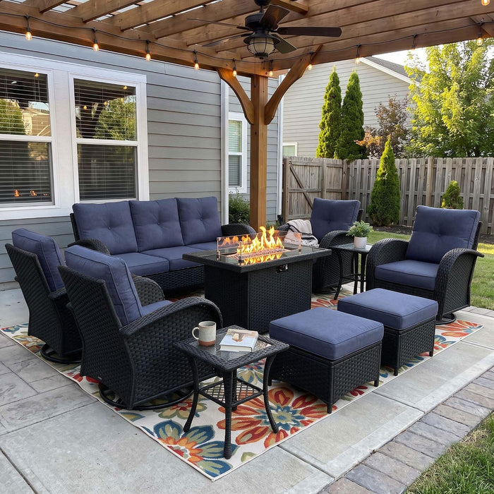 10 Pieces Patio Furniture Sets with Fire Pit Table, Wicker Rattan High Back Outdoor Swivel Rocking Chairs Set with 3-Seat Couch, Ottomans and Side Table