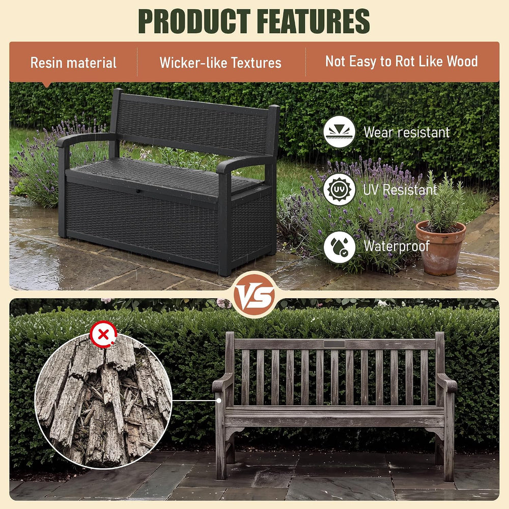 80 Gallon Outdoor Storage Bench, Resin Outdoor Storage Box with Armrest, Lock...