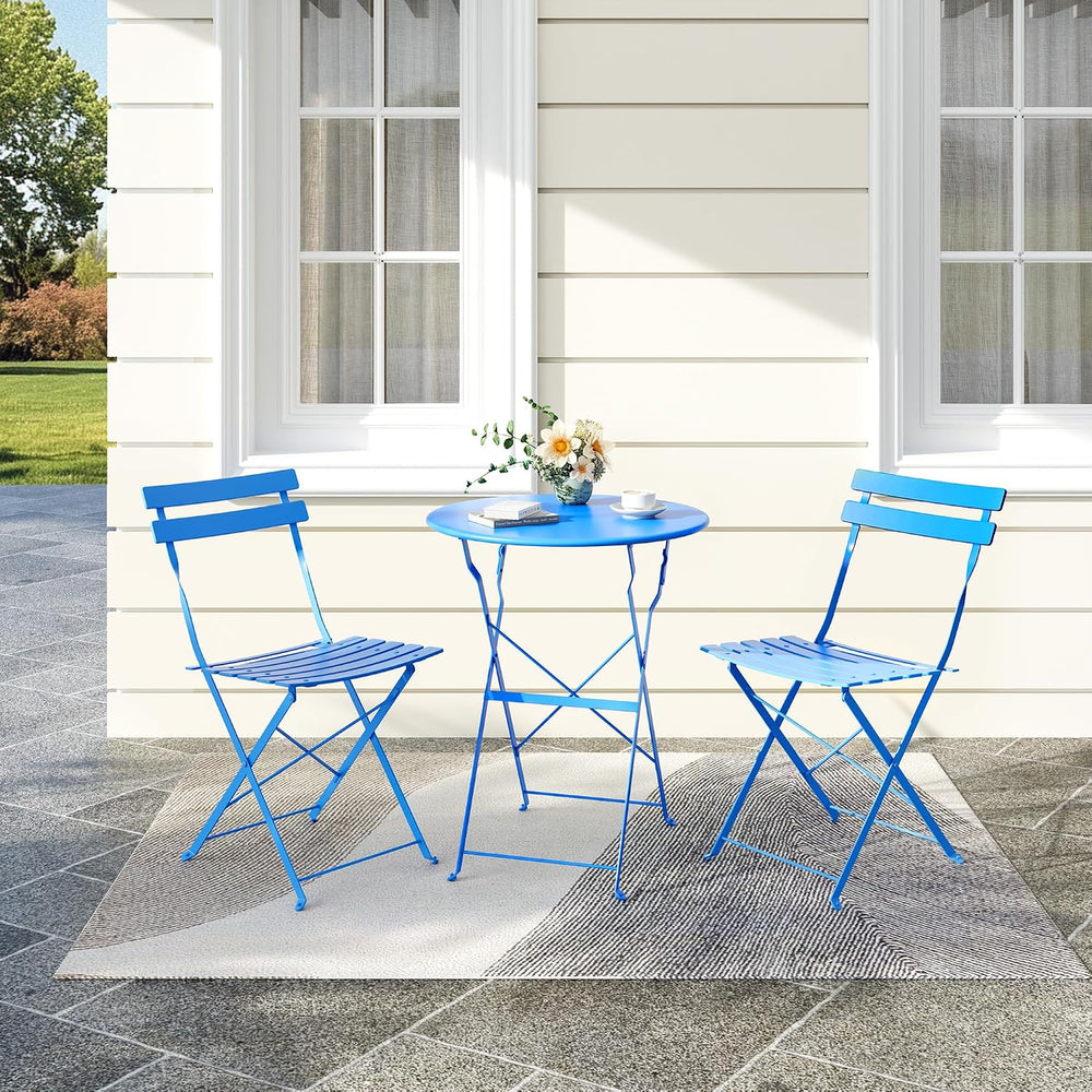 Bistro Table and Chairs Set of 2, 3 Piece Folding Patio Bistro Set, Blue