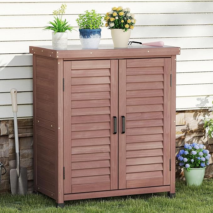 Outdoor Storage Cabinet & Potting Bench Table with Metal Top, Wooden Pati...