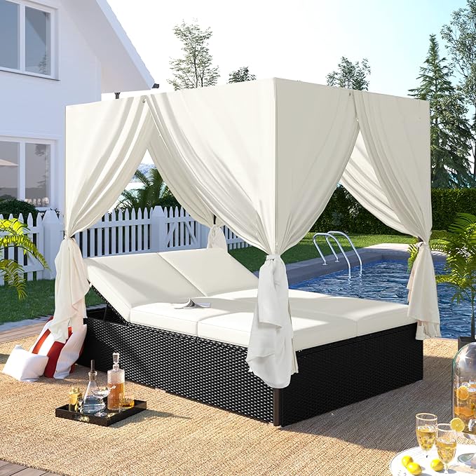 Patio Chaise Lounge, PE Rattan Outdoor Patio Wicker Sunbed Daybed with Adjust...