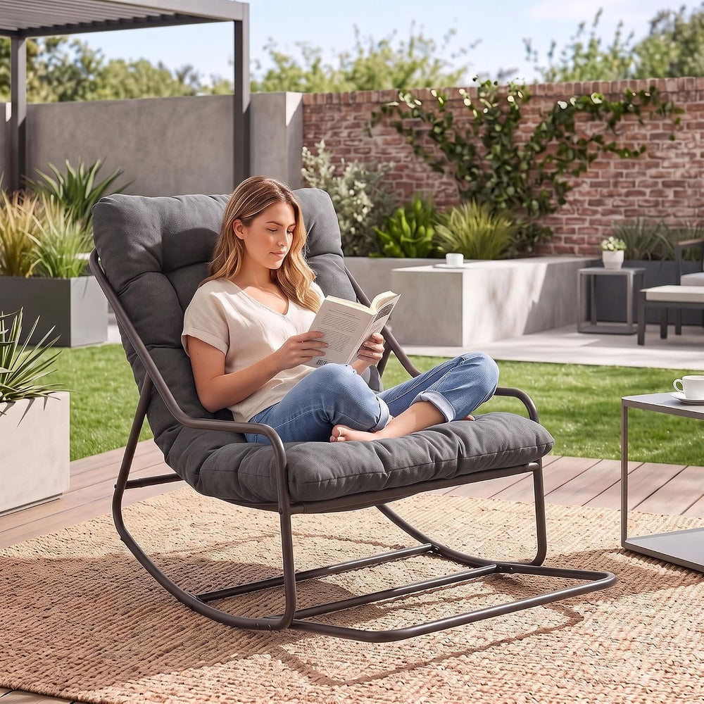 Outdoor Papasan Rocking Chair, Oversized Patio Rocking Chair with Armrest and...