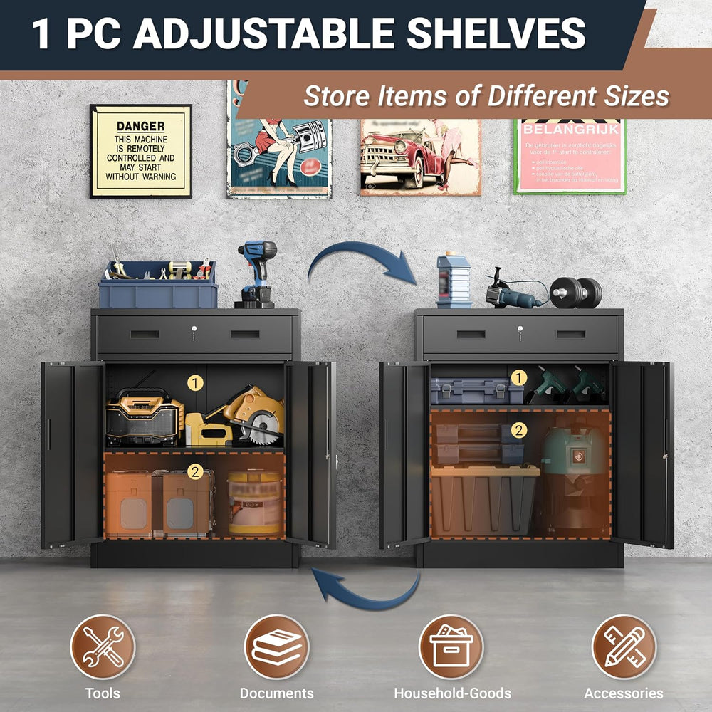 BESFUR Metal Garage Storage Cabinet with One Lockable Drawer 2 Locking Doors ...