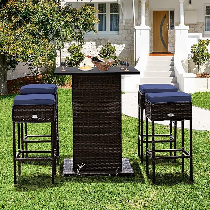 Tangkula 5 Piece Outdoor Rattan Bar Set, Patio Bar Furniture with 4 Cushions ...