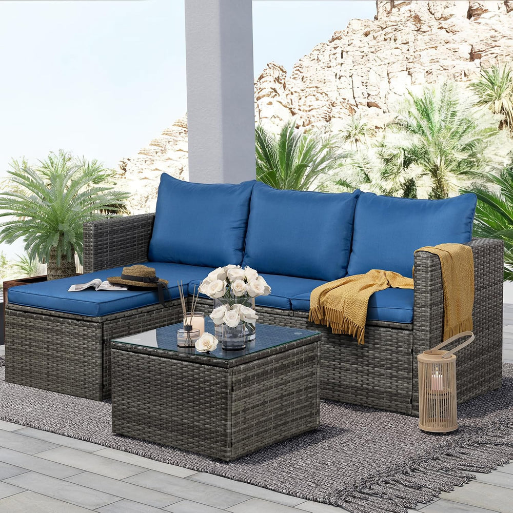 Patio Furniture Set with Detachable Soft Cushions, Outdoor PE Rattan Patio Co...
