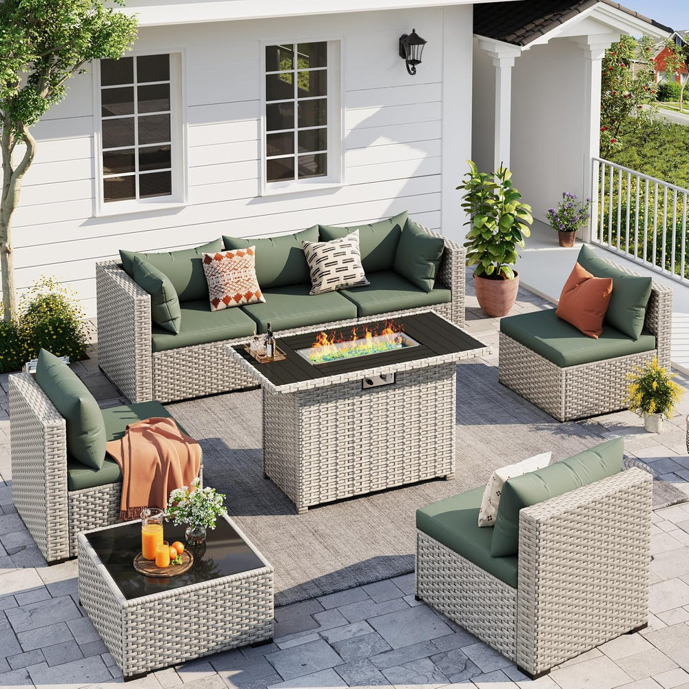 Outdoor Patio Furniture Set with Fire Pit 8 Pcs Wicker Sectional Sofa Green