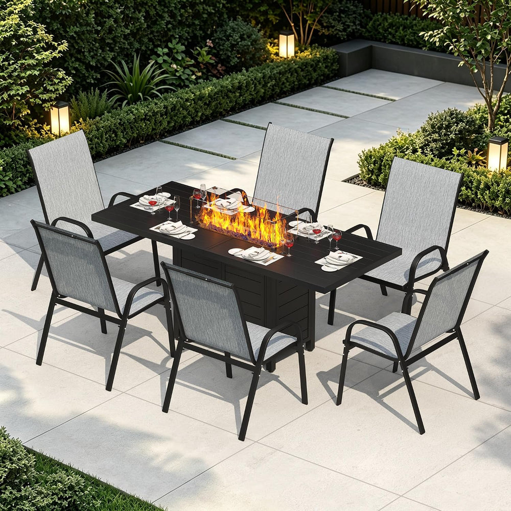 7 Pcs Outdoor Furniture Set w/ 60" Firepit and 6 Pieces Patio Chairs, 50...