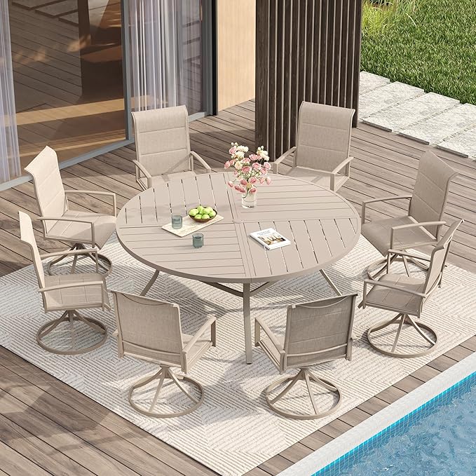 VICLLAX Round Patio Table with Adjustable Umbrella Hole for 8, All Weather Me...