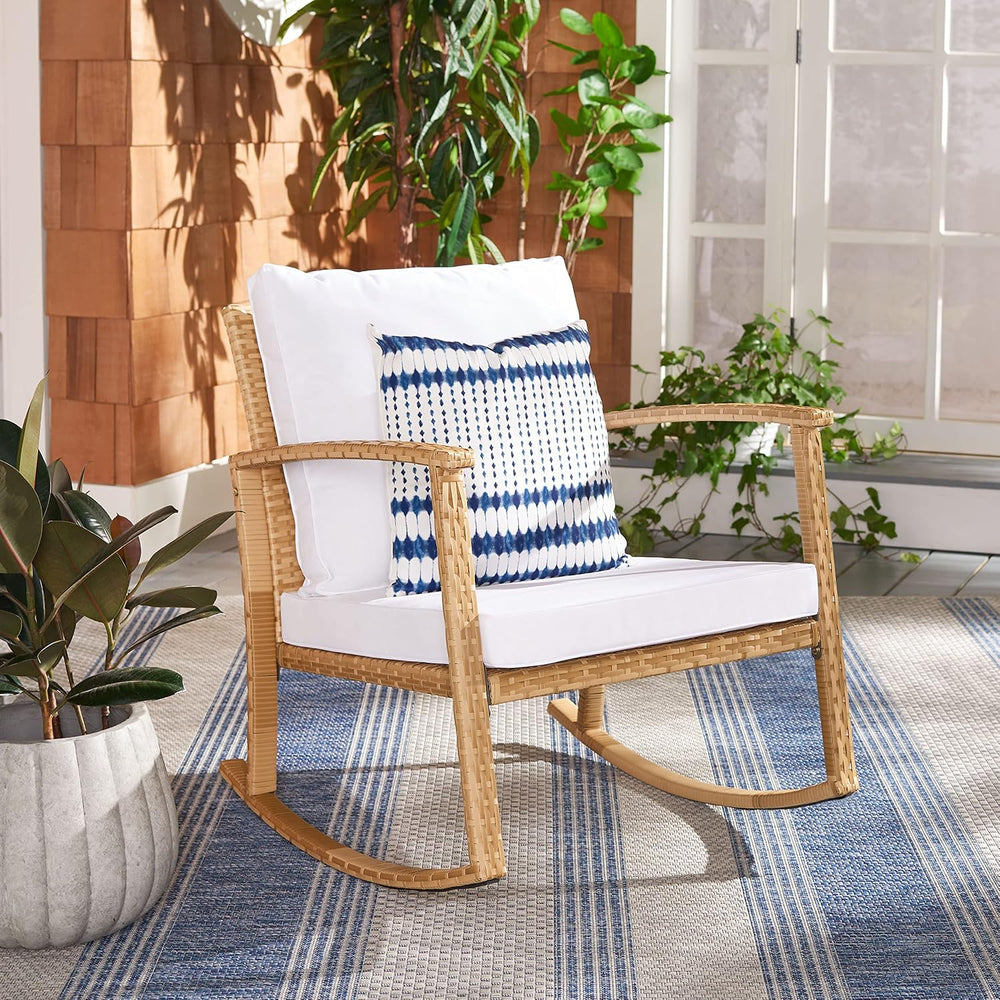 SAFAVIEH Outdoor Daire Wicker Rocking Chair, 14.4" Natural/White PAT7721D