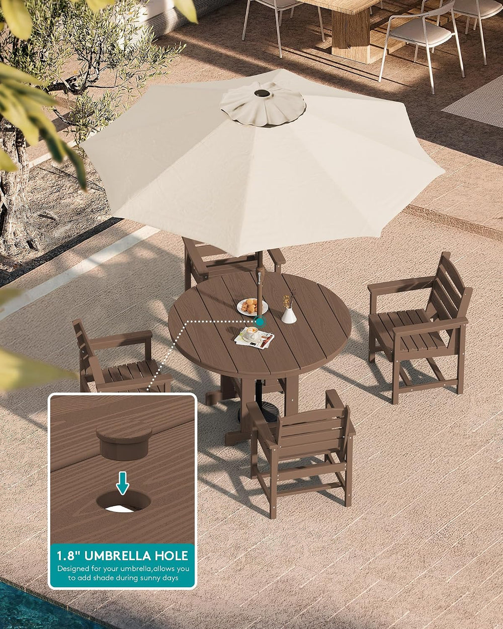 SERWALL 5-Piece HDPE Round Dining Set, 45" Table, 4 Chairs, Brown