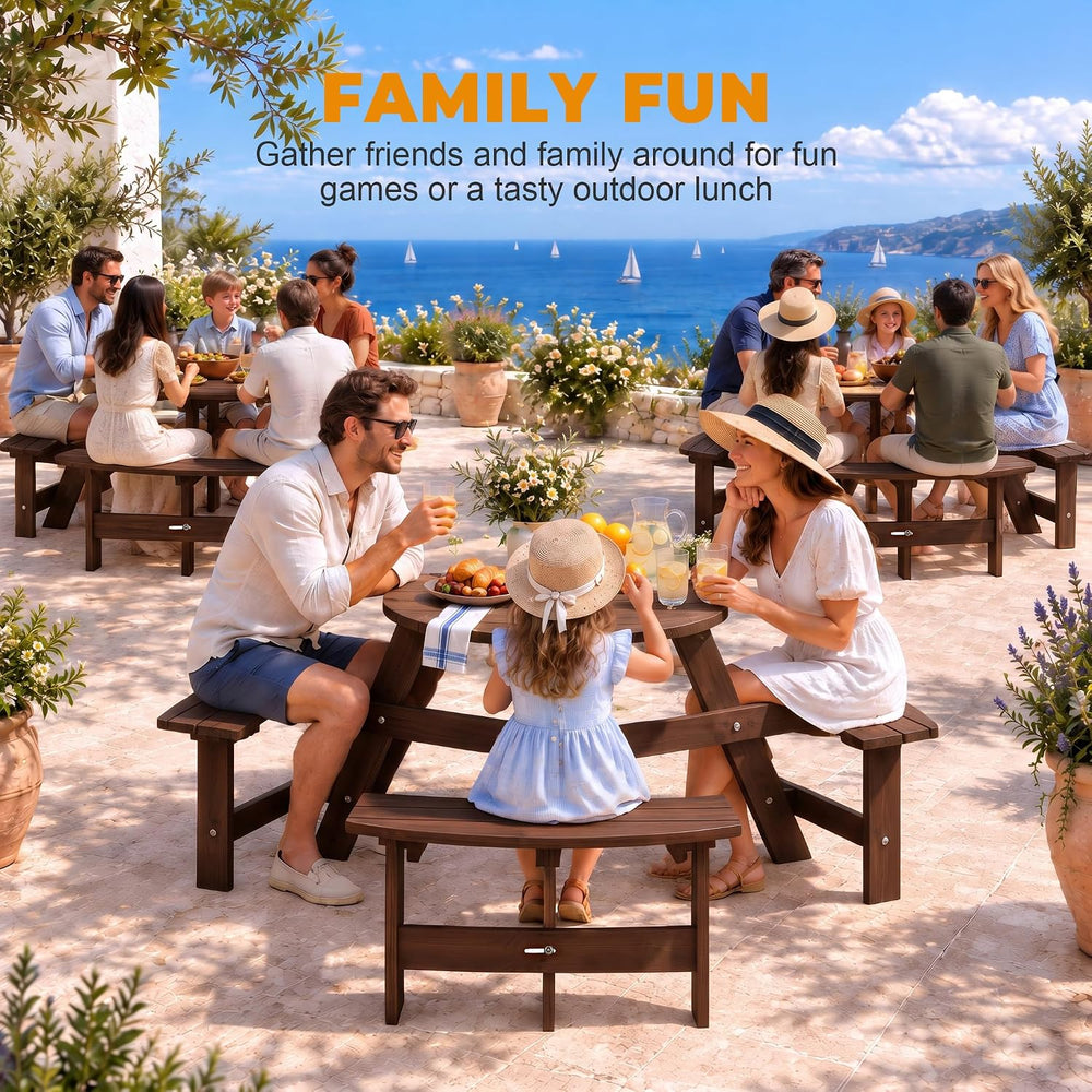 Round 6 Person Outdoor Picnic Table with 3 Built-in Benches