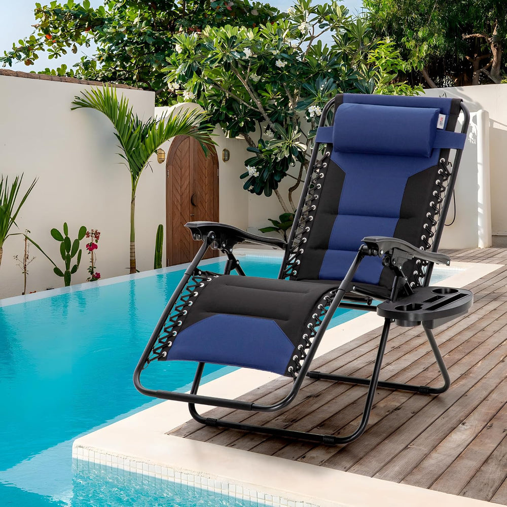 Padded Outdoor Zero Gravity Chair Set of 2, Cup Holder, 28in Seat, Blue | Fol...