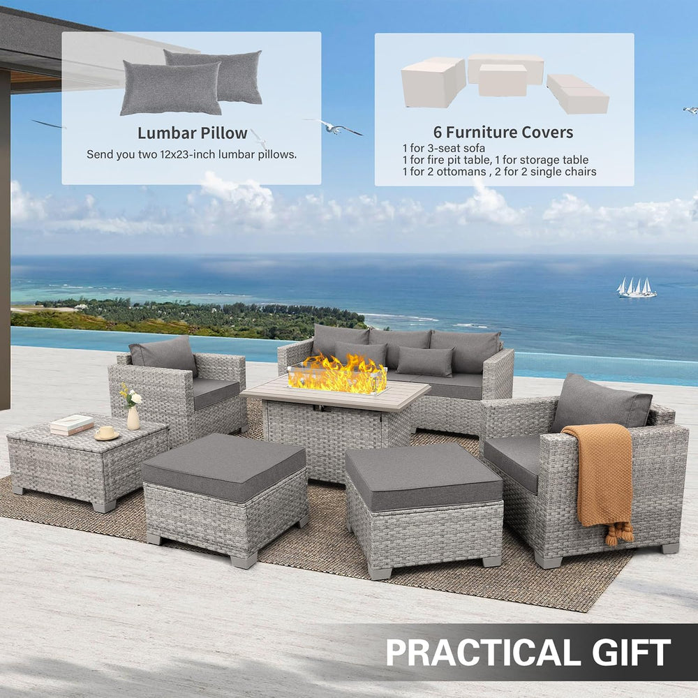 WAROOM 7 Piece Patio Furniture Set Wicker Sectional Sofa, Grey Cushion