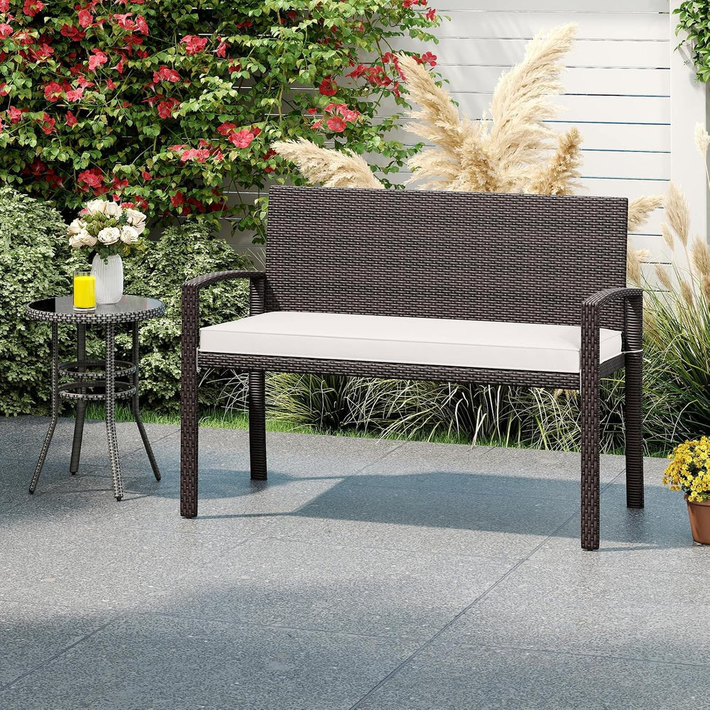 Tangkula Outdoor Rattan Bench, 2-Person Patio Loveseat with Removable Seat Cu...