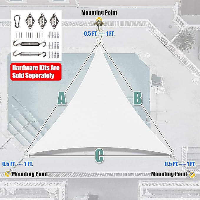 Amgo 24' x 24' x 24' White Triangle Sun Shade Sail UPF50+ Canopy ...