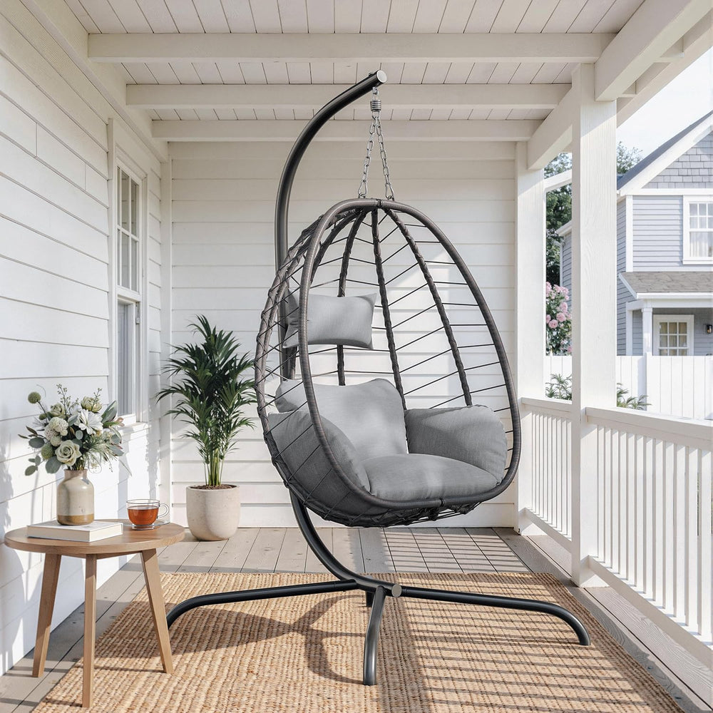 ALAULM Foldable Egg Chair with Stand, 485LBS Capacity Wicker Rattan Hammock S...