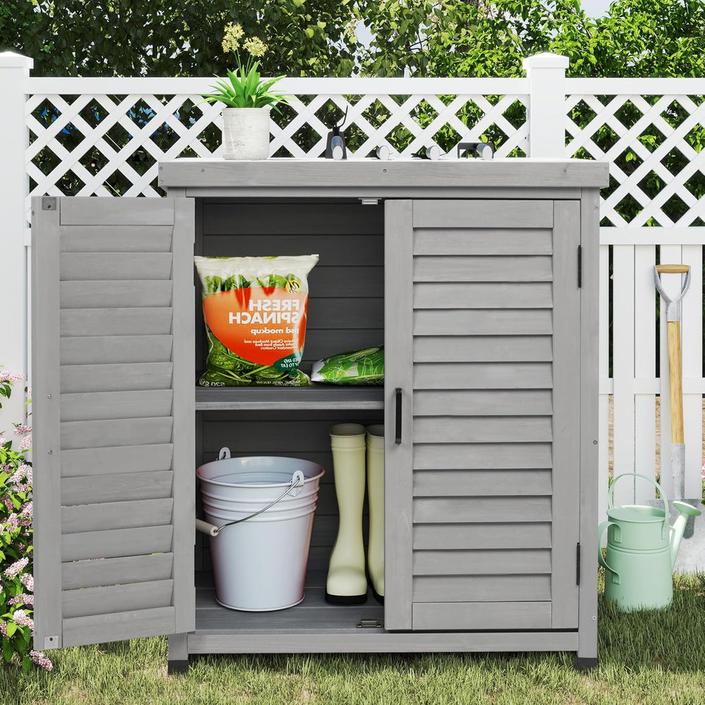 Outdoor Storage Cabinet & Potting Bench Table with Metal Top, Wooden Pati...