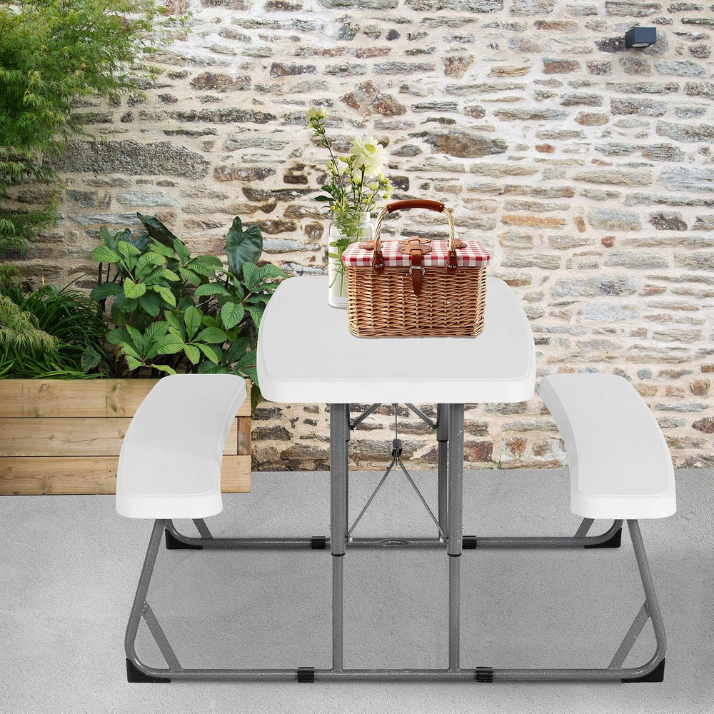 Peakform Folding Picnic Table, Rectangular, 2 Benches, 37.8 in, White