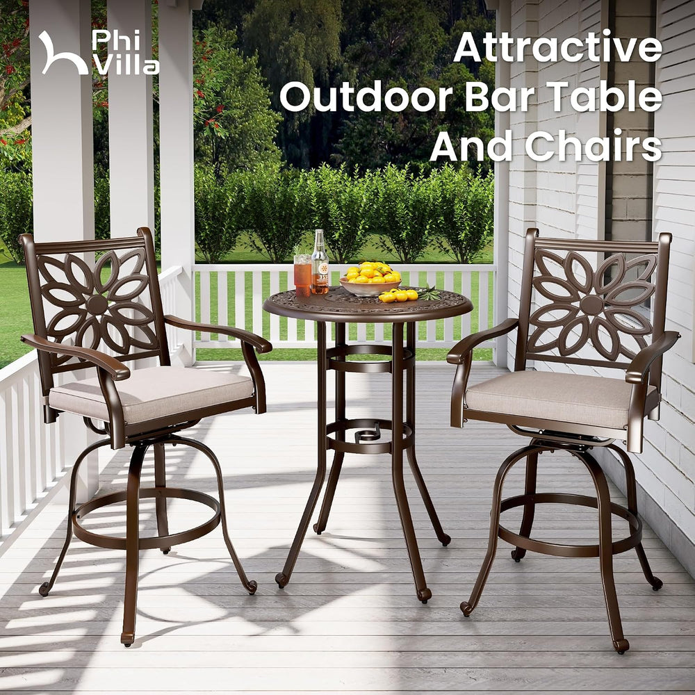 PHI VILLA Outdoor Bar Stools Swivel Set of 2,Cast Aluminum Patio Bar