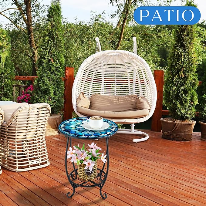 Outdoor Side Table Round Small Mosaic Patio Accent Indoor End Plant Coffee Te...