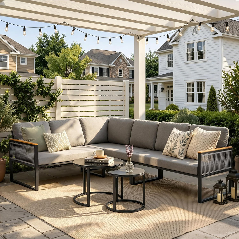 7 Piece L-Shaped Outdoor Sectional Wicker Sofa with Nesting Coffee Table