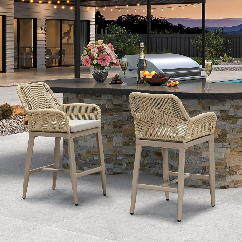 PURPLE LEAF 24" Outdoor Bar Stools Set of 2 All Weather Rattan, Champagne