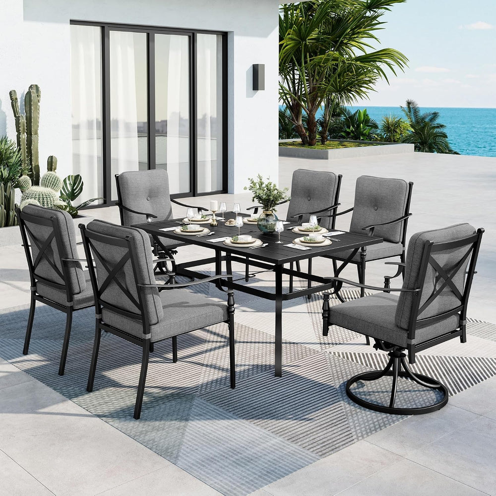 MFSTUDIO Outdoor Dining Set for 6, Rectangle Metal Table & Swivel Chairs