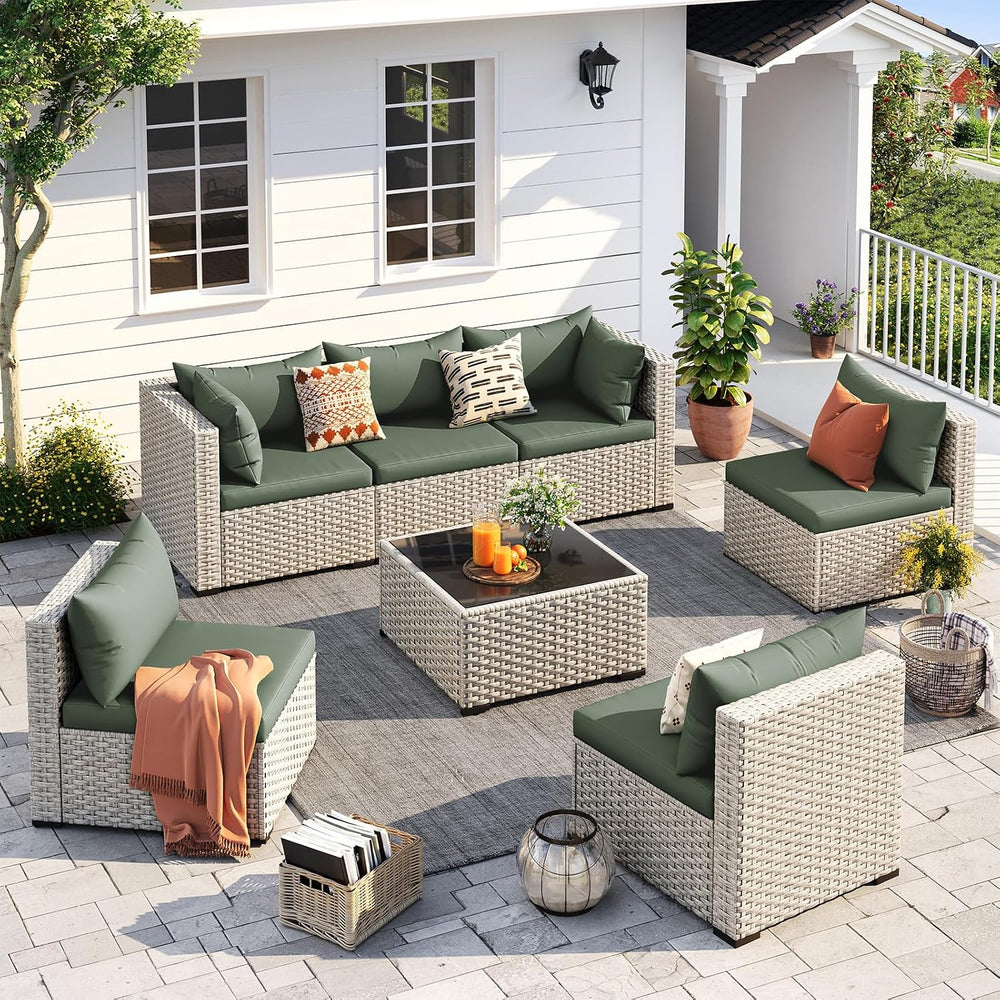 UDPATIO Outdoor Patio Furniture Set 7 Pcs Wicker Sectional Sofa Green