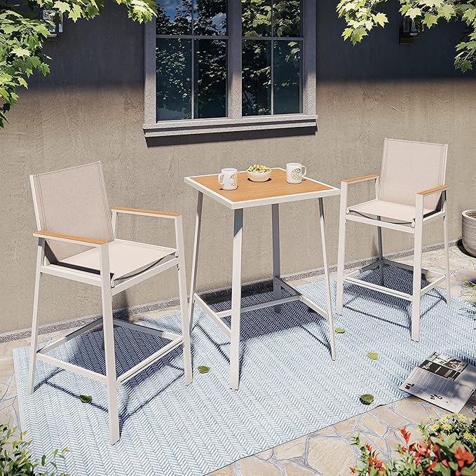 LAUSAINT HOME 3-Piece Patio Bar Set, All Weather Textilene Bar Height Table a...
