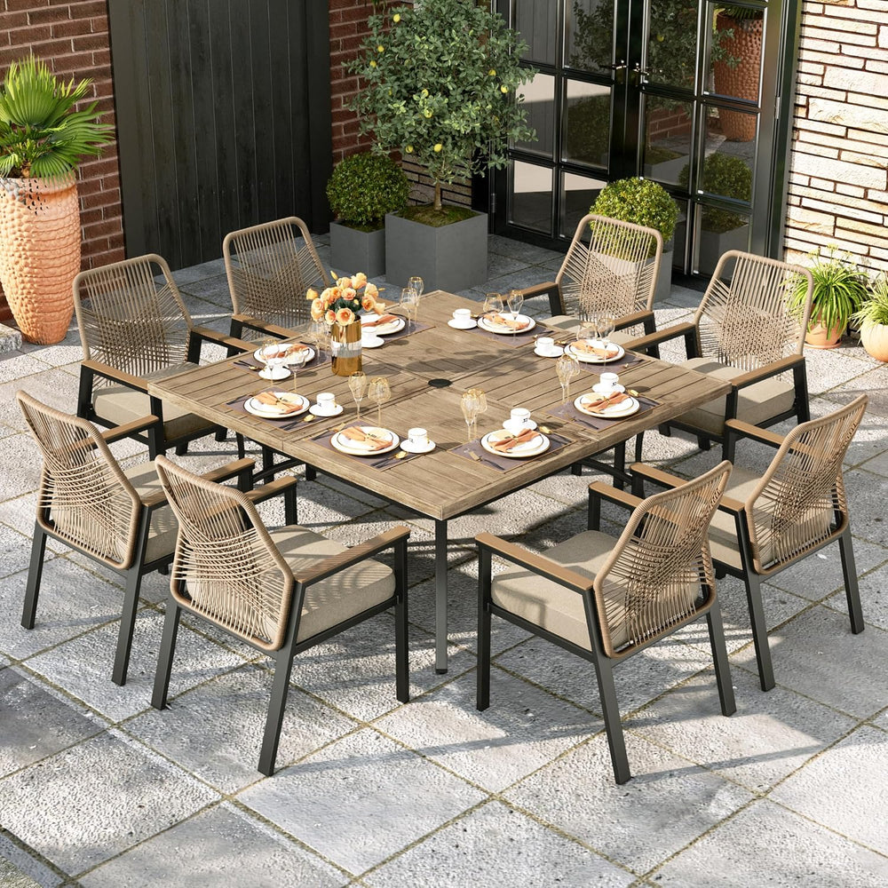 9pc Patio Dining Set, 57.5" Square Metal Table, 8 Rattan Chairs