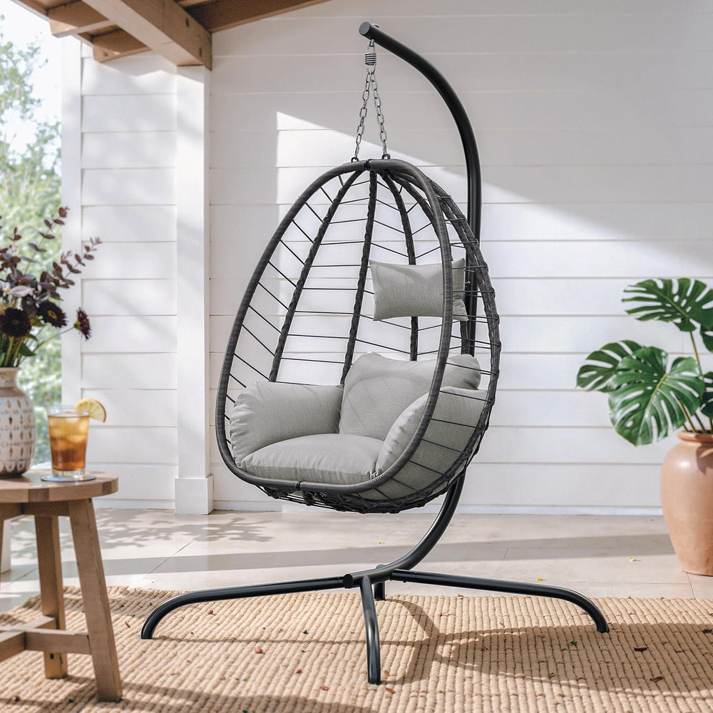 Foldable Egg Chair with Stand, 485LBS Capacity Wicker Rattan Hammock Swing Ch...