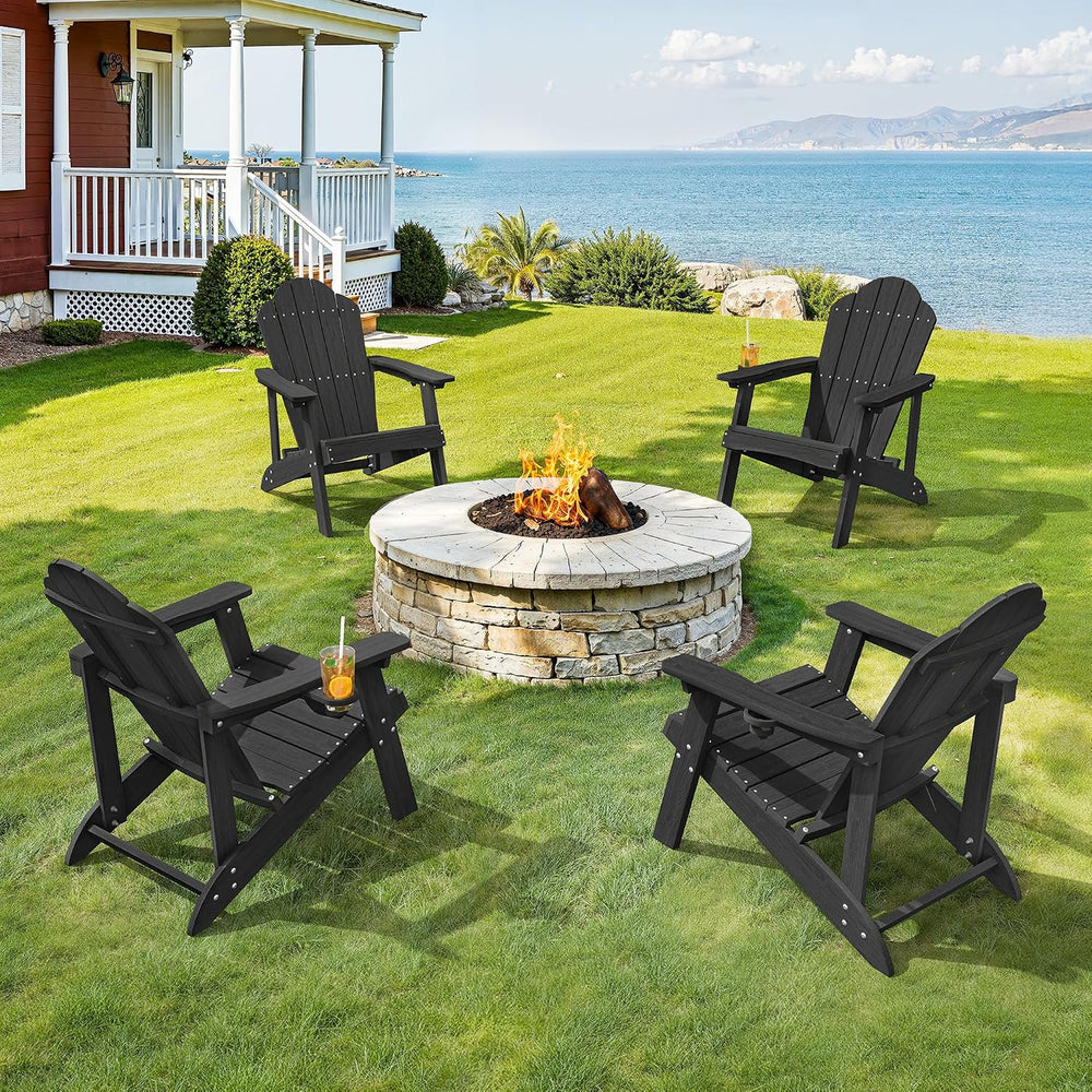 Set of 4 Adirondack Chairs with Hidden Cup Holders, High Back, Black