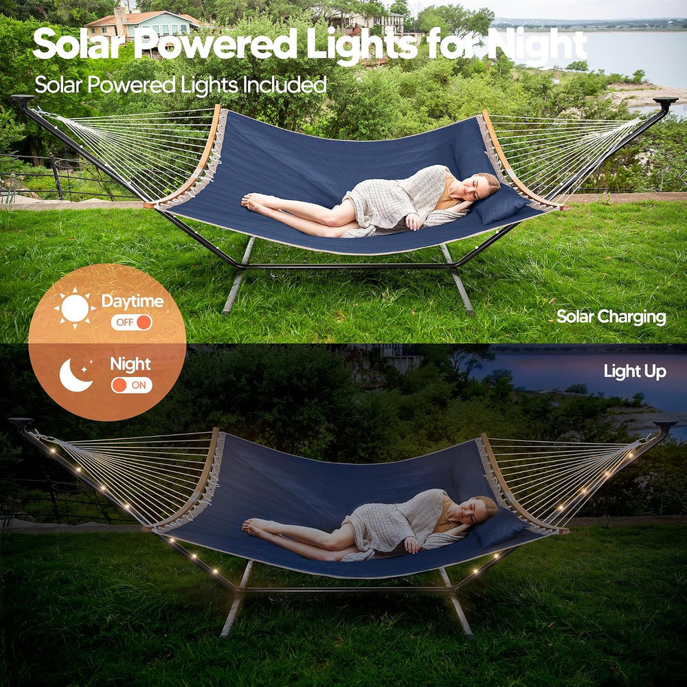 Outdoor Hammock with 12 ft Stand, Solar Powered Lights, Dark Blue