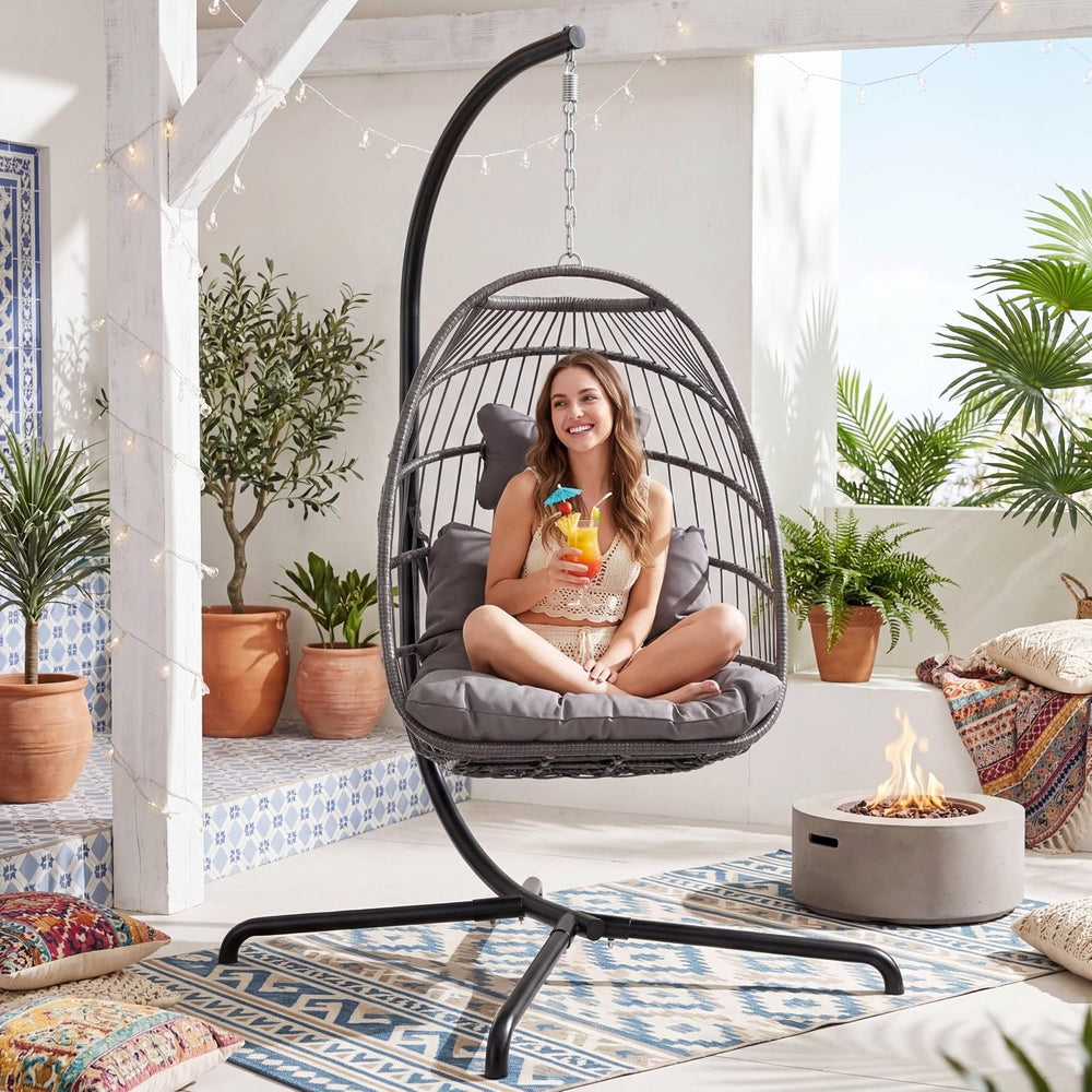 Folding Egg Chair with Stand, Cozy Comfy Swing Patio Hanging Chairs for Adult...