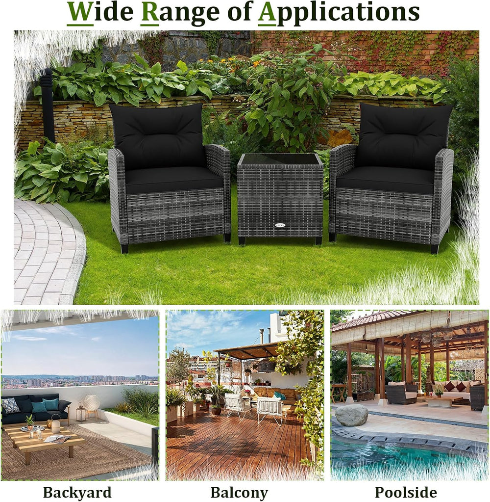 RELAX4LIFE 3 Piece Patio Furniture Set, Wicker Bistro Conversation Set w/2 Cu...