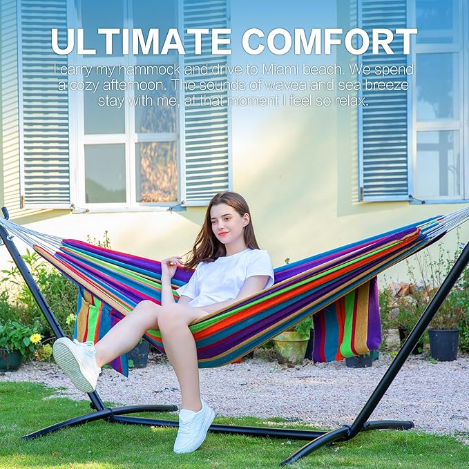 PNAEUT Double Hammocks with Stand for Outside, Portable Space Saving Heavy-Du...