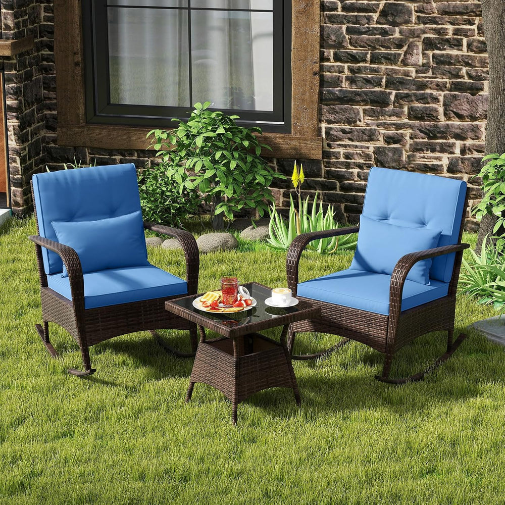 ORALNER 3 Pieces Outdoor Wicker Rocking Chair, Patio Furniture Set (Navy)