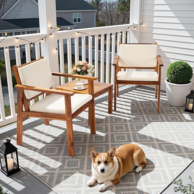 Flamaker Patio Chairs 3 Piece Acacia Wood Patio Furniture with Coffee Table &...