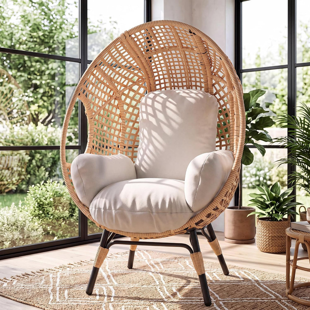 Oversized Wicker Egg Chair Outdoor Indoor Rattan Patio Egg Lounge Chairs with...