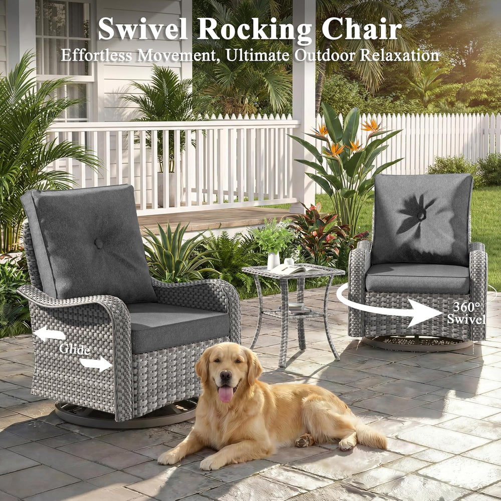 3 Piece Patio Furniture Set with Swivel Rocking Chairs, Outdoor Wicker Conver...