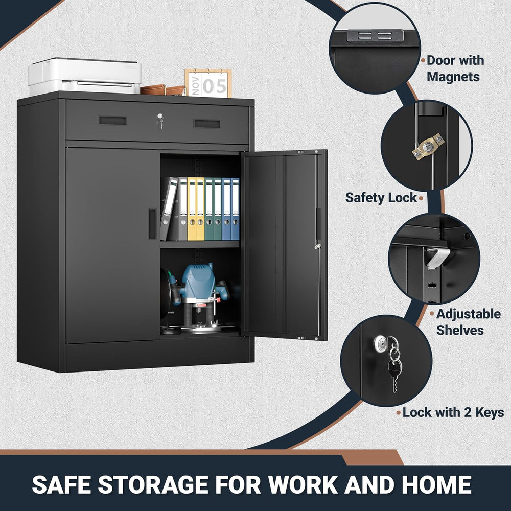 BESFUR Metal Garage Storage Cabinet with One Lockable Drawer 2 Locking Doors ...