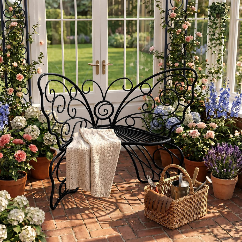 36 Inch Small Butterfly Bench, Cute Metal Outdoor Benches, Black