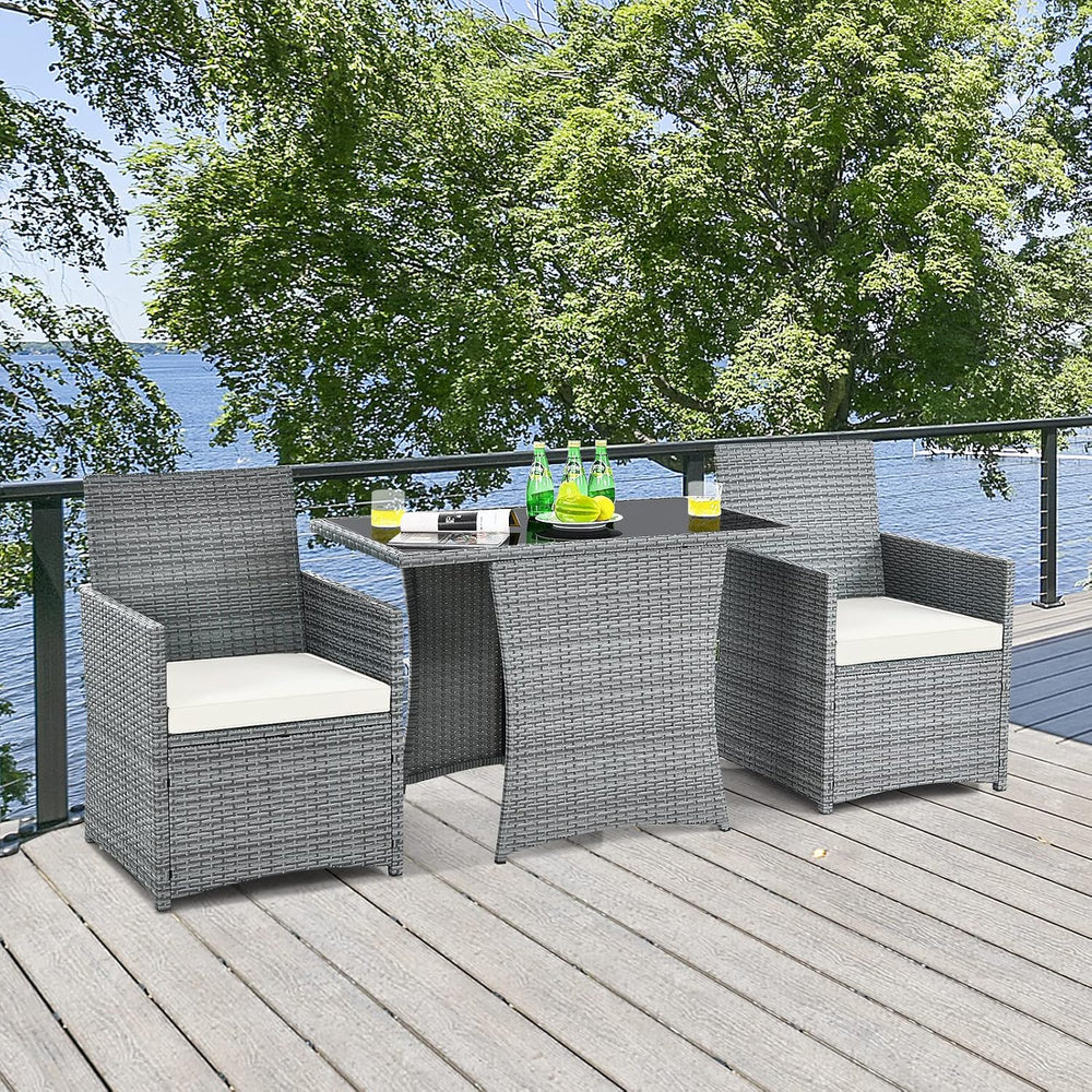Tangkula 3 Pieces Patio Dining Set, Patiojoy Space-Saving PE Rattan Bistro Se...