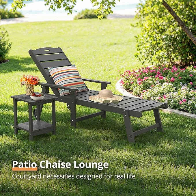 LUE BONA Outdoor Chaise Lounge Chairs Set of 2, HDPS Chaise Lounger, 5 Positi...